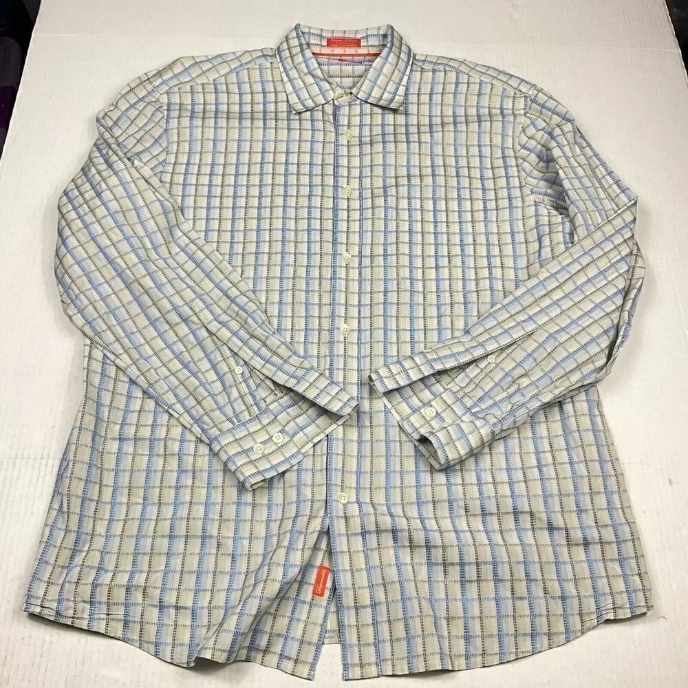 Faconnable Mens Cotton Button Shirt Plaid Long Sleeve Business Casual Large